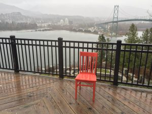 Red enjoys the view of the Lions Gate Bridge in Vancouver, even in the rain